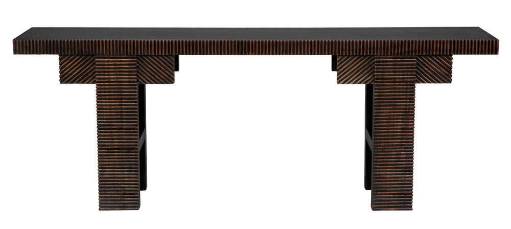 The Nabu Console features a modern rectangular design in hand-rubbed black with light brown trim, thick ribbed legs, and ribbed edges—perfect as a mid-century-inspired display shelf.