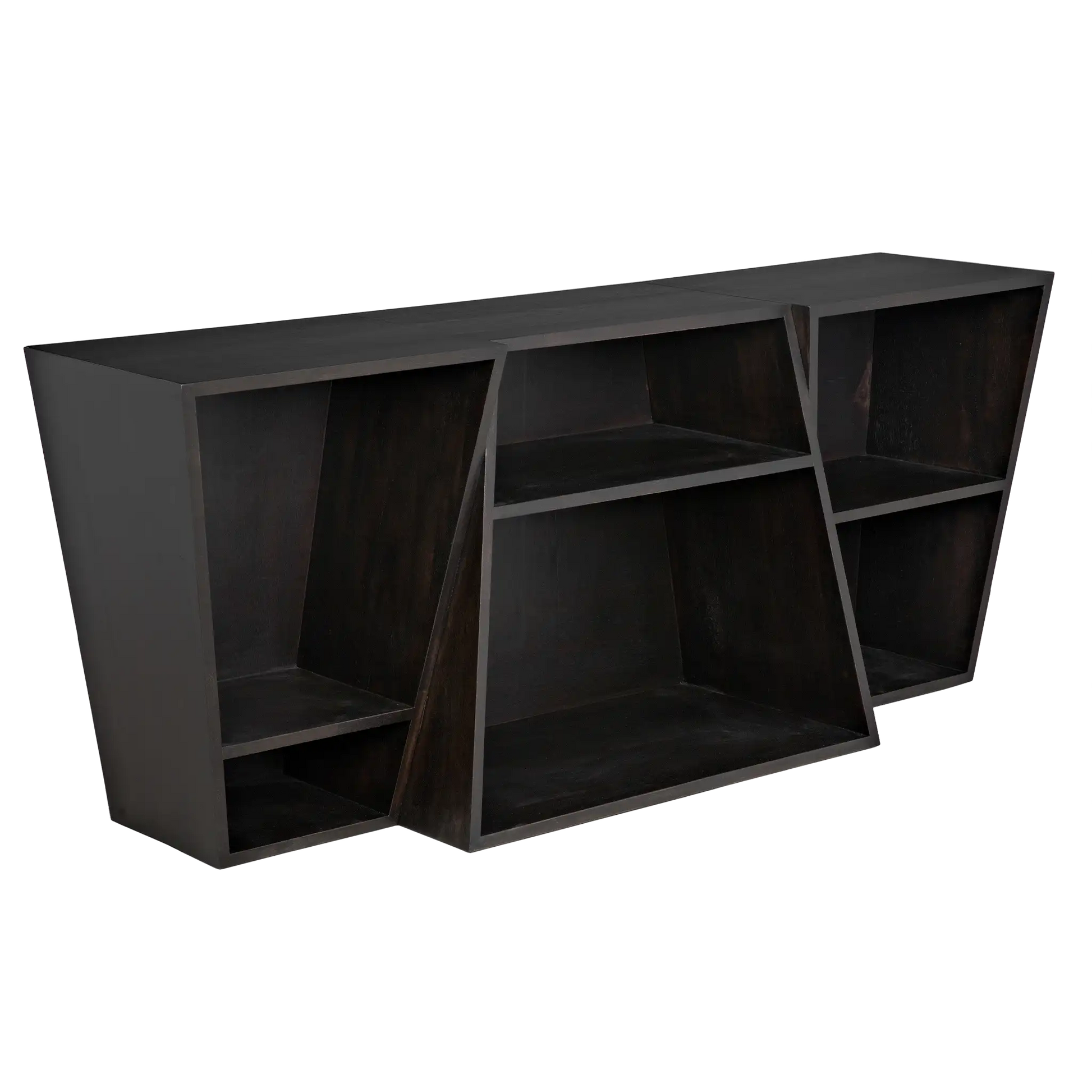 The Ebony Walnut Sideboard/Shelving Unit, with its modern asymmetrical design and varied compartments, pairs perfectly with a 72-inch desk featuring angled lines and open shelving for a sleek, contemporary office setup.