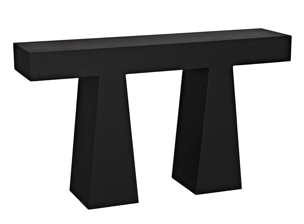 The Wendell Console showcases a modern matte black finish, with a thick rectangular top and two wide trapezoidal industrial steel legs, all set against a white background.