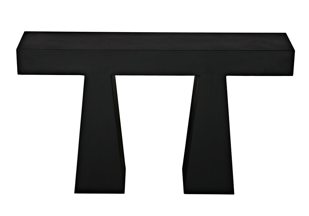 The Wendell Console features a modern matte black finish, a thick rectangular top, and two wide angular legs reminiscent of the Greek letter pi, shown against a white background.