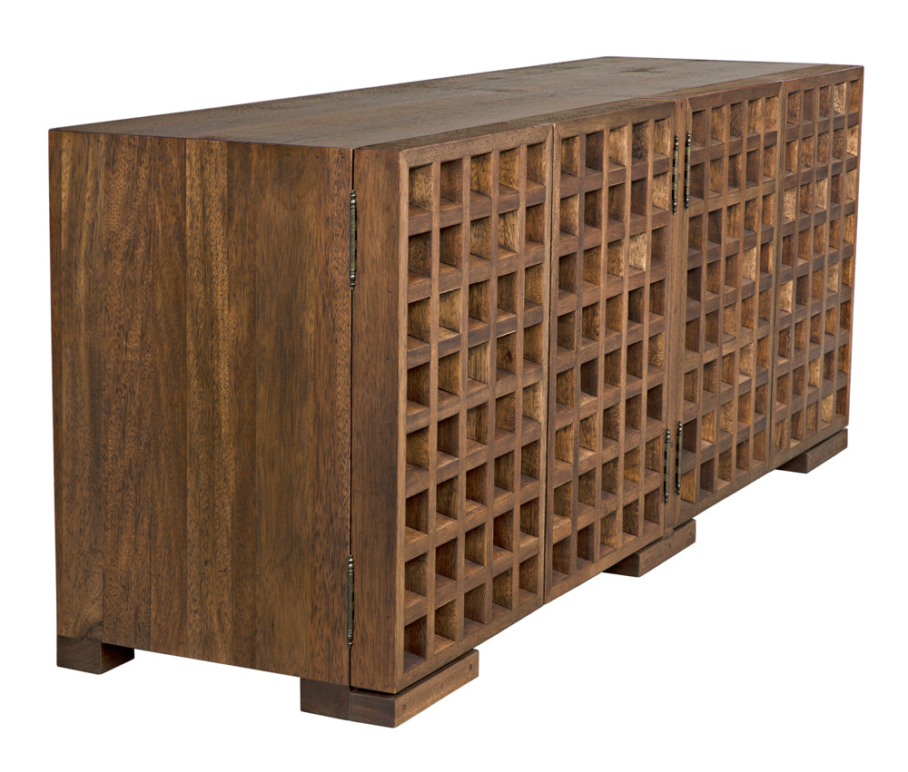 The Nuala Sideboard is a stylish wooden cabinet featuring multiple compartments, perfect for adding a statement to any room.