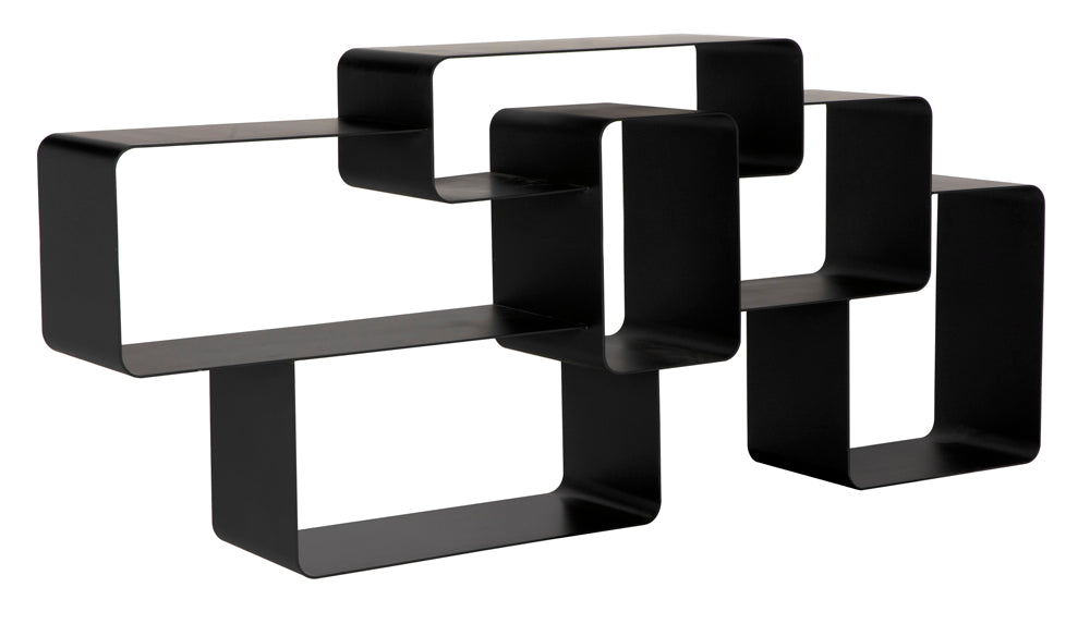 The Horizon Console is a modern, abstract black metal shelf with interconnected rectangles and industrial steel details, offering a sleek geometric design perfect for wall mounting or display.