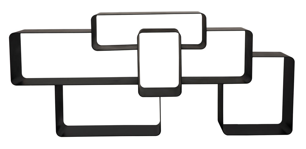 The Horizon Console features a black, modern design with interlocking rectangular sections for a geometric, abstract look. Its minimalist style makes it ideal for any sleek console setup or contemporary living space.