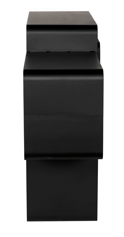 The Horizon Console is a minimalist black rectangular display stand with a contemporary design, featuring stacked geometric shapes and clean lines reminiscent of sleek industrial steel, photographed front-facing against a white background.