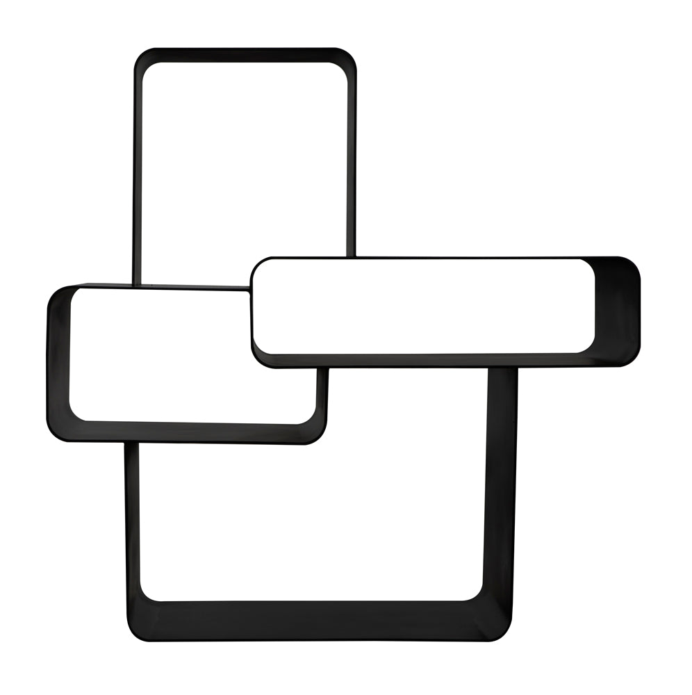 The Latisia Shelf is a minimalist matte black shelf with three interconnected rectangular frames in an abstract, overlapping design—a striking modern accent for any living space.
