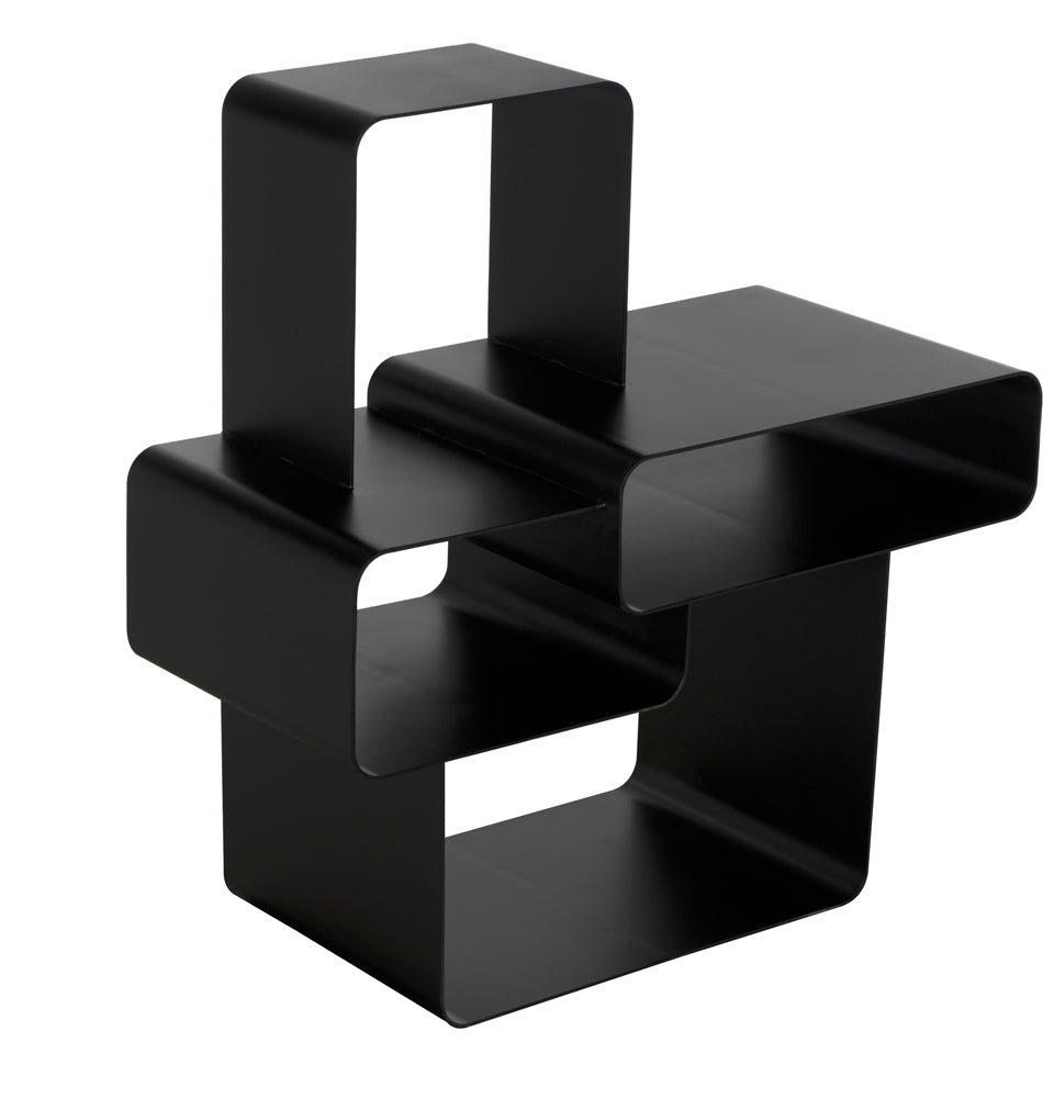 The Latisia Shelf features a modern, matte black finish with three interconnected rectangular sections, each with curved edges and open sides, creating an abstract look perfect for contemporary living spaces.