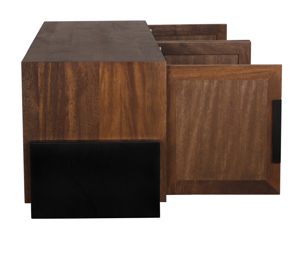 The Phoenix Sideboard, viewed from the side, features a natural wood finish, three open drawers, and sleek black rectangular handles.