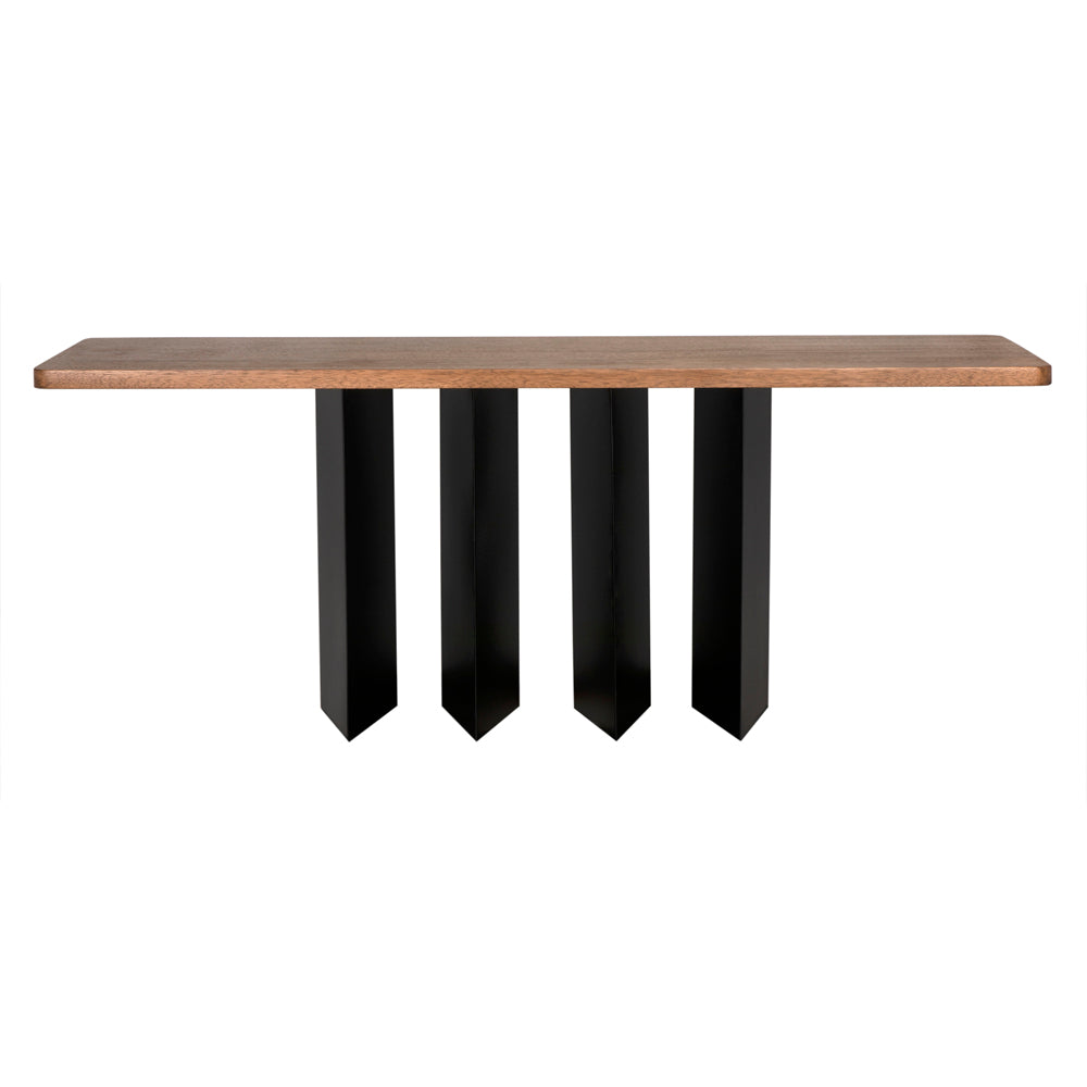 The Delta Console with Metal Base features a rectangular wooden top and five black, geometric legs with pointed bottoms—an eye-catching piece that captures modern aesthetics.