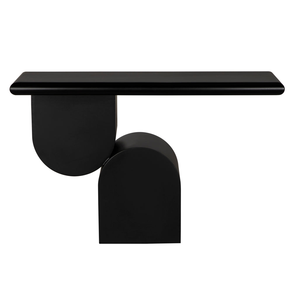 The Fraser Console is a modern black table crafted from premium materials, featuring an abstract geometric design with rounded and rectangular shapes that support the tabletop for a striking contemporary look.