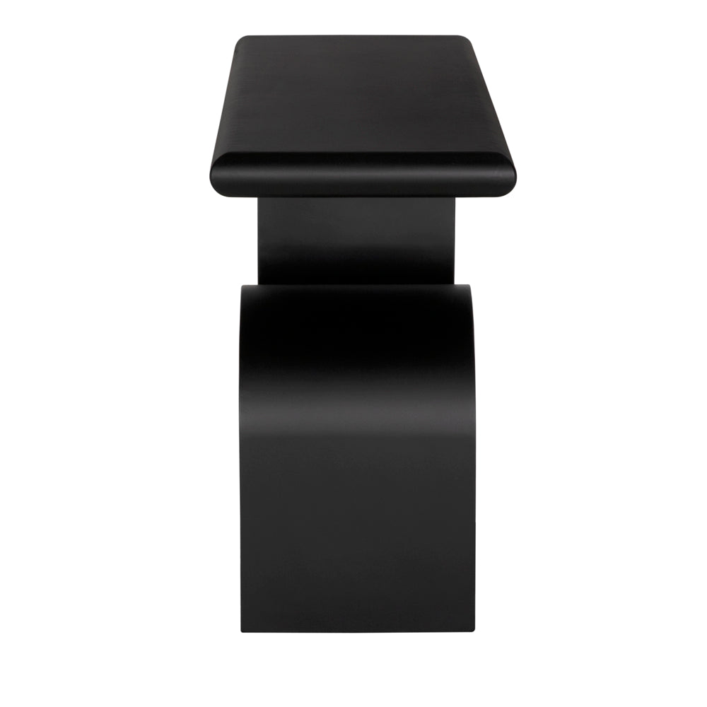 The Fraser Console is a modern black bench with a rectangular cushioned top and thick blocky base, shown from the front on a white background. Its premium materials and contemporary design make it a stylish addition to any space.