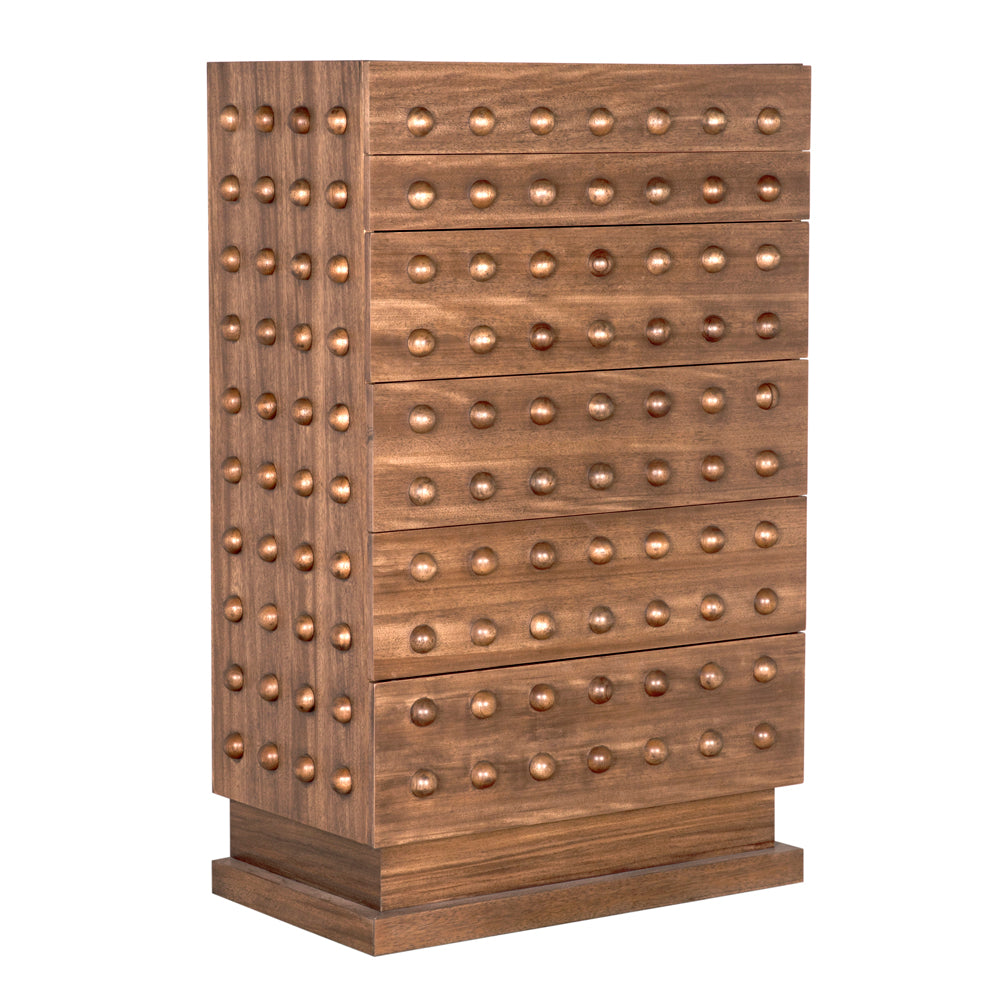 The Didier Cabinet, Dark Walnut, is a tall, rectangular wooden dresser with multiple drawers and round knobs. Its sturdy base and rich dark walnut finish create an inviting, timeless look.