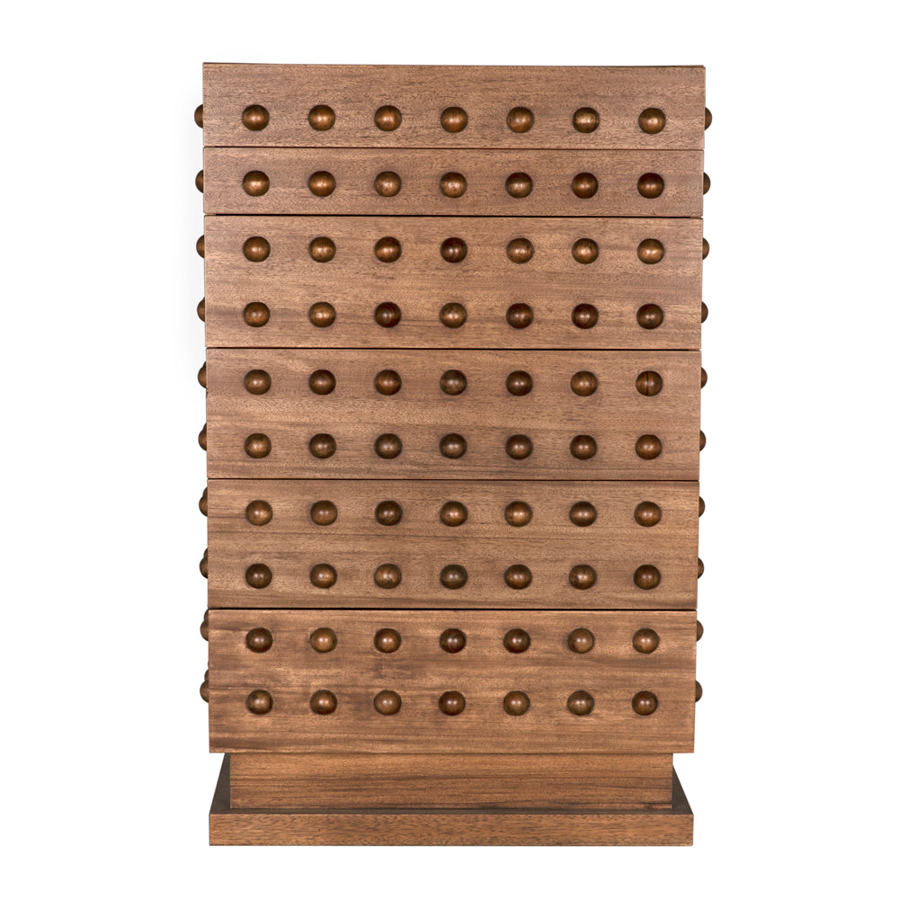 The Didier Cabinet in dark walnut features multiple horizontal rows of evenly spaced round knobs on the front and stands on a rectangular base, all in a natural-looking wood finish.