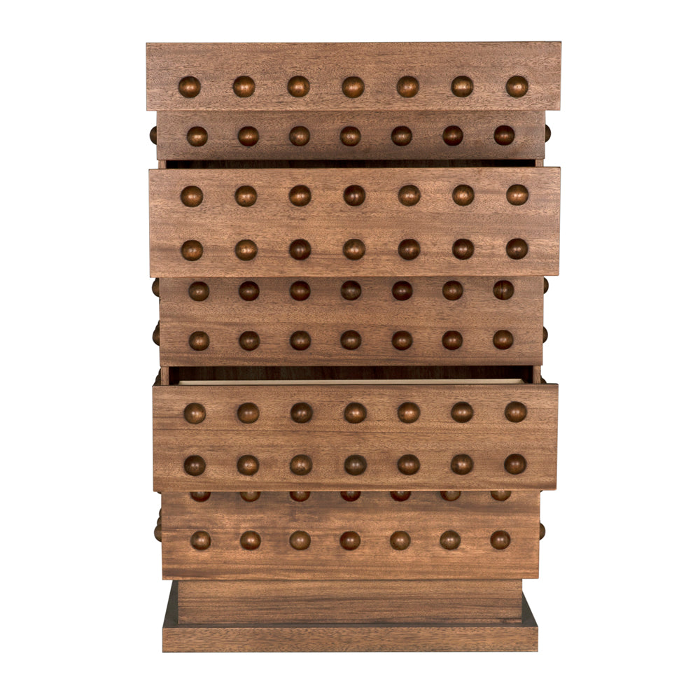 The Didier Cabinet in Dark Walnut features a unique design with rows of evenly spaced round brass knobs. One drawer is partially open, revealing the interior and showcasing its warm walnut finish.