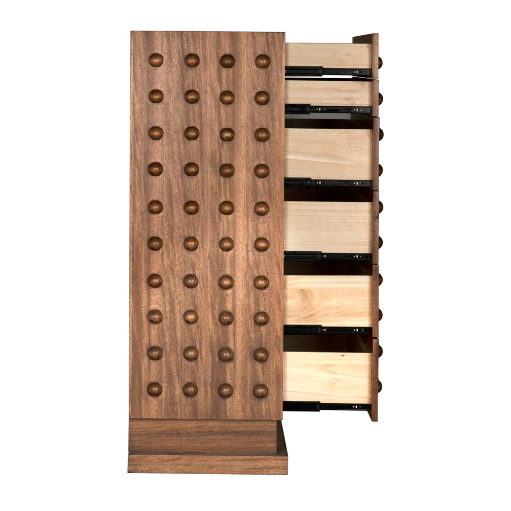 The Didier Cabinet, Dark Walnut, features a tall design with a grid of raised circular knobs on the front panel and includes multiple shelves or drawers visible on the right side when partially open.