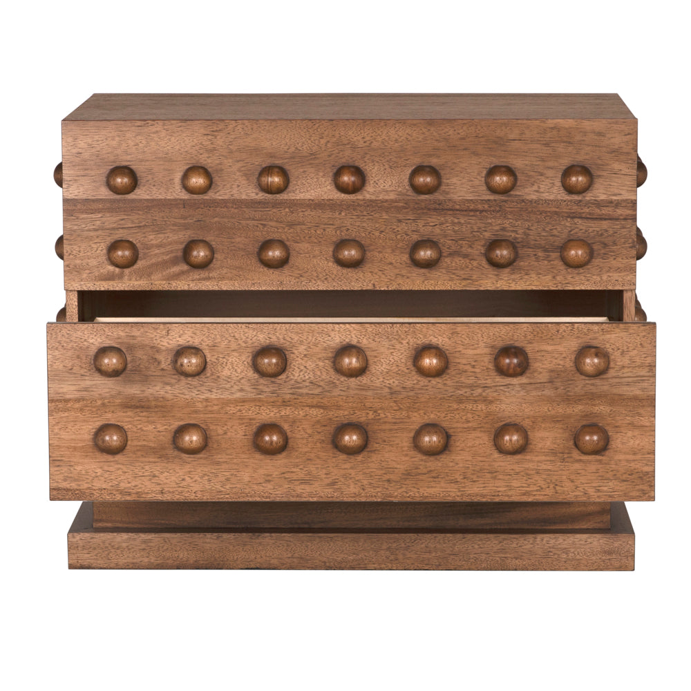 The Didier Sideboard in Dark Walnut features two drawers with evenly spaced round wooden knobs. The bottom drawer is partially open, and the sideboard showcases a warm, classic walnut finish.