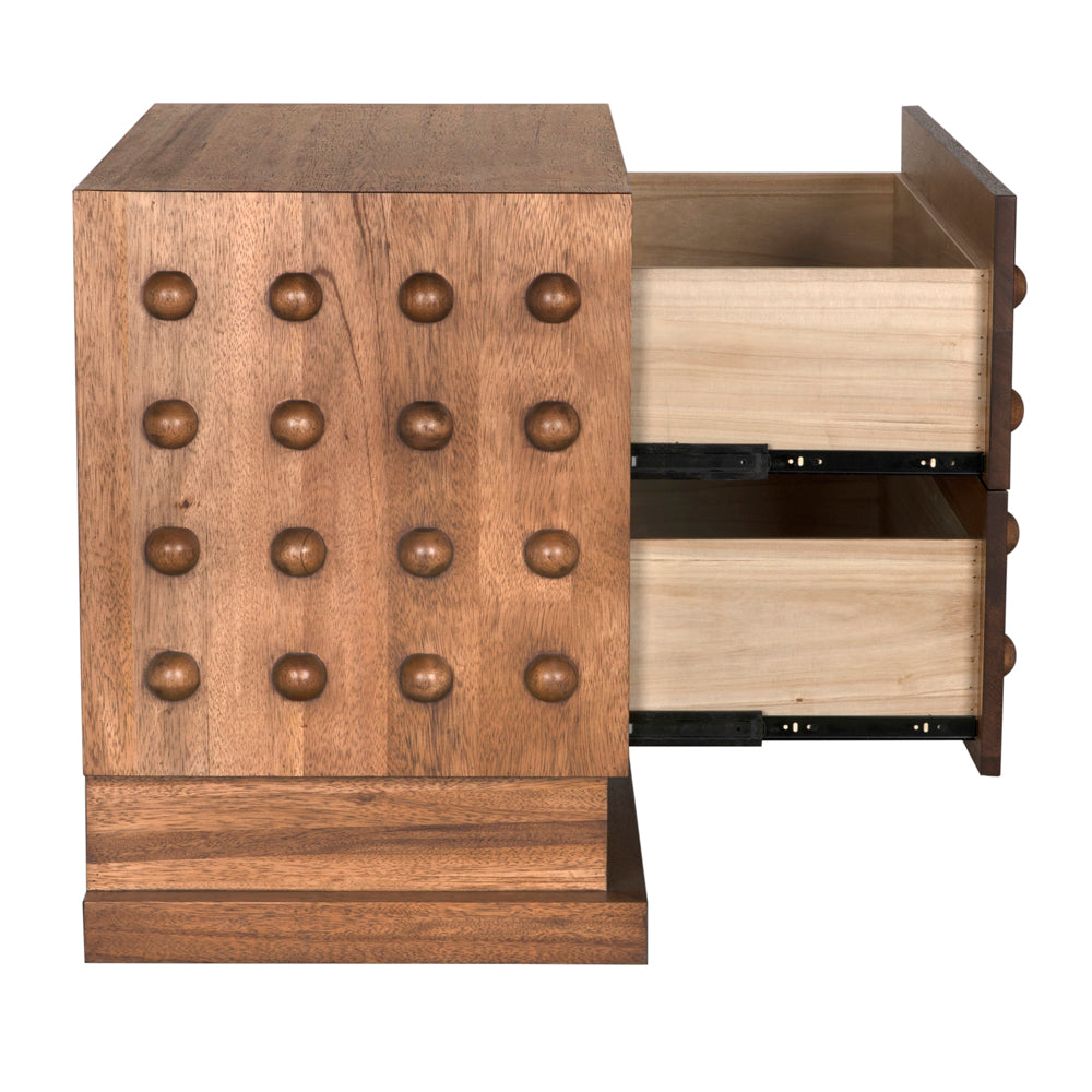 The Didier Sideboard, Dark Walnut features a decorative front with raised circular knobs, two partially open drawers revealing light wood interiors, and black metal drawer slides.