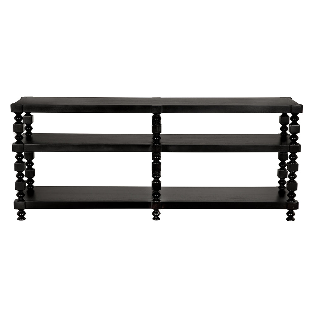 The Mahogany Shelving Console, ideal as a modern office desk, has a black wood finish, three open shelves, and eight carved spindle legs arranged in two sets at each end.