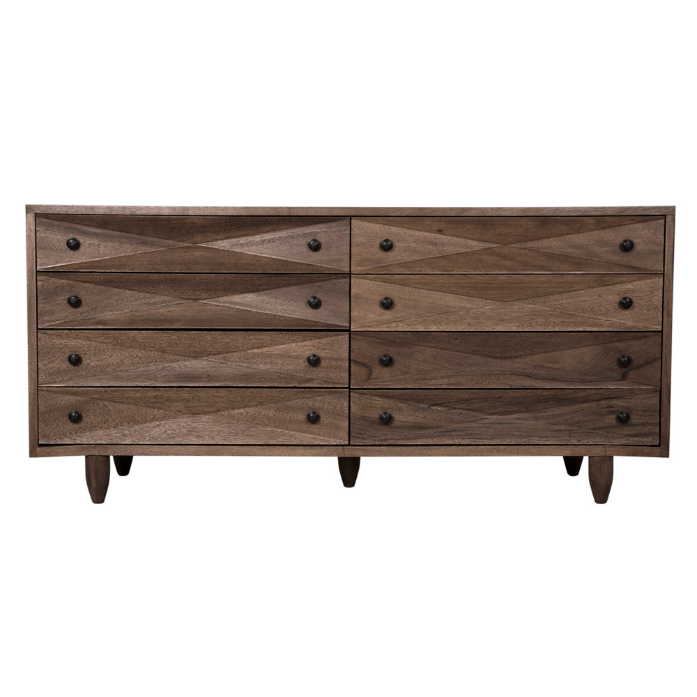 The Diamond Double Chest in Dark Walnut features eight drawers in two rows of four, each with a round black knob, and stands on six short tapered legs.