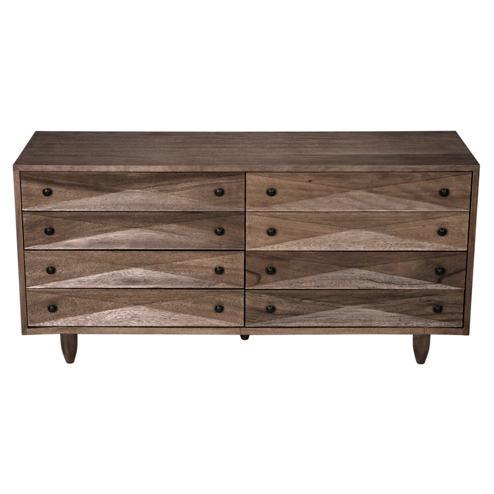 The Diamond Double Chest in dark walnut features eight drawers with unique wavy grain patterns, round black knobs, and stands on four short angled legs—all finished in a rich dark walnut mid-century modern style.