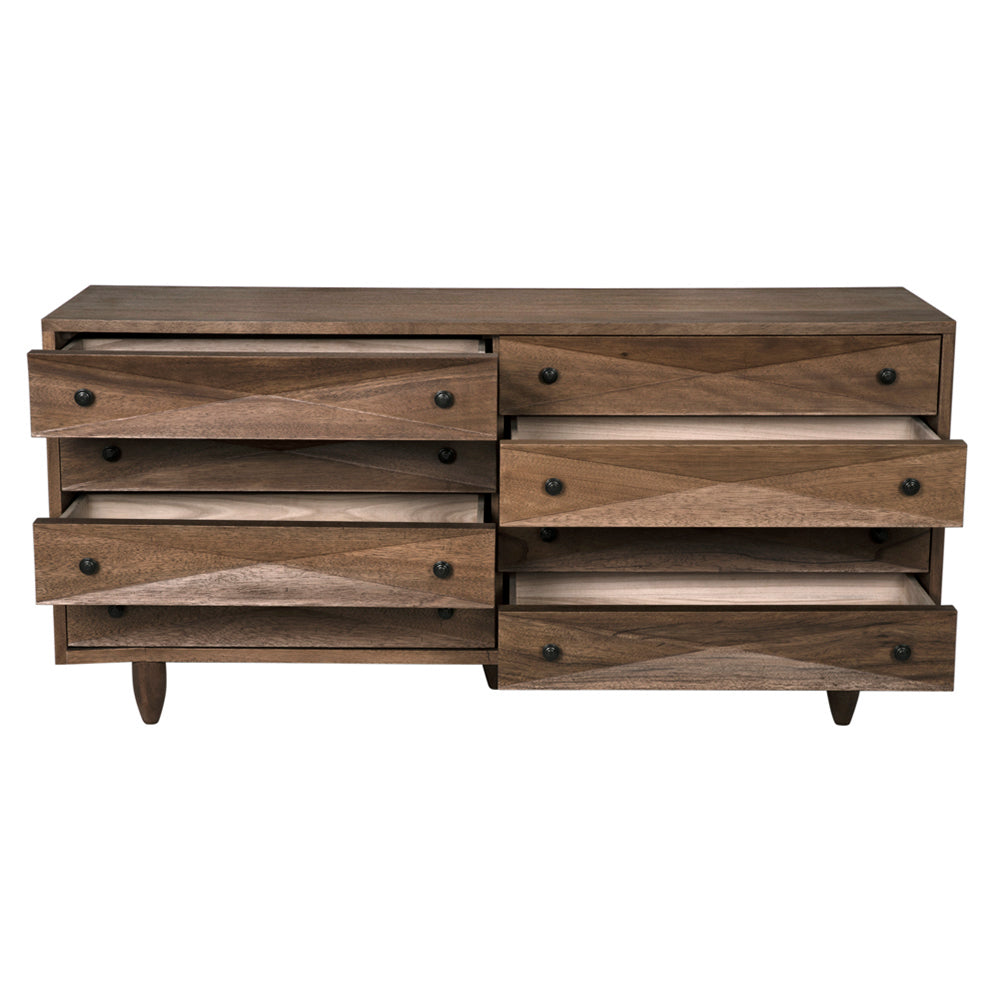 The Diamond Double Chest in dark walnut features six partially open drawers with round black knobs, angled short legs, a simple rectangular shape, and diamond-shaped carvings that accent its sleek mid-century modern design.