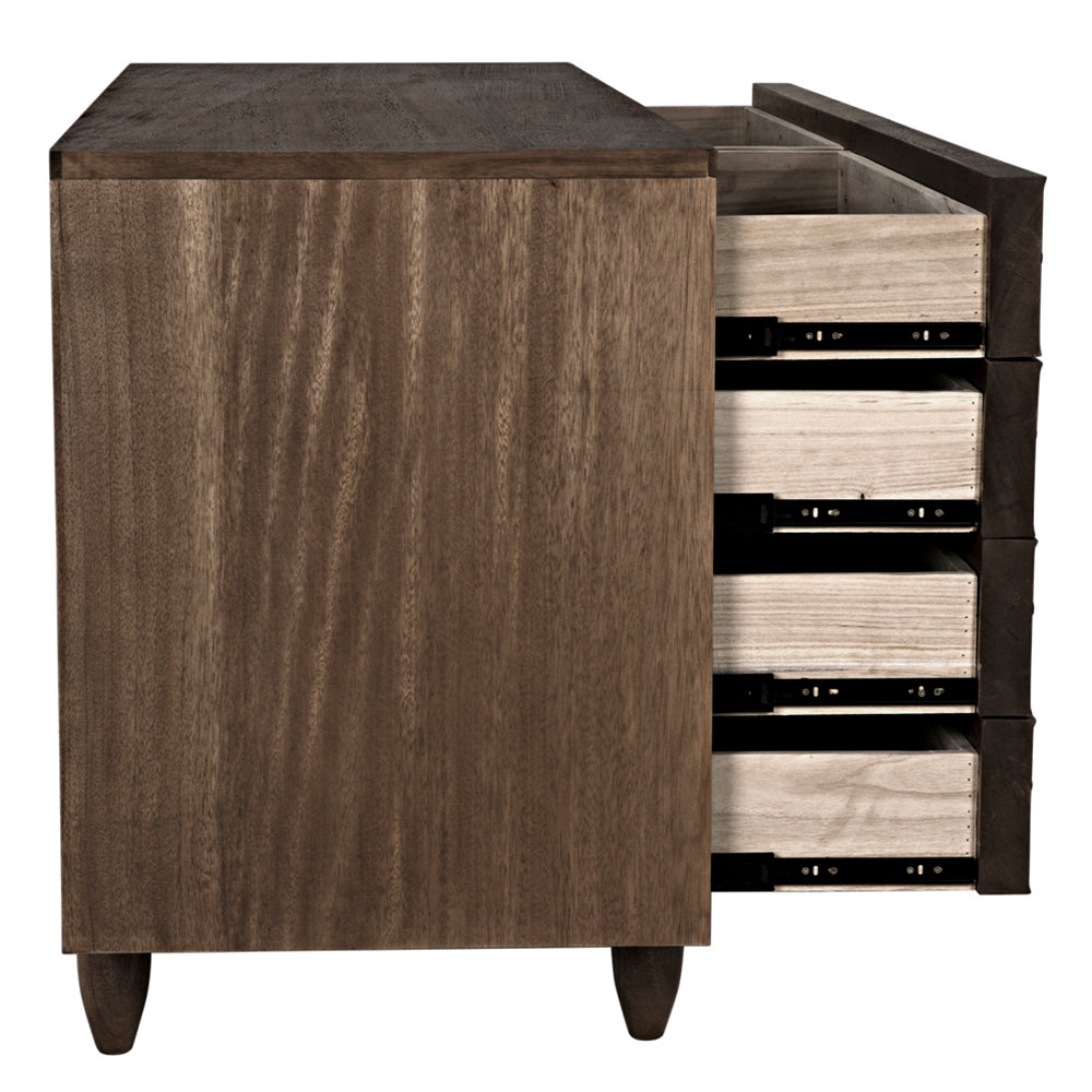 The Diamond Double Chest in Dark Walnut is shown from the side, with four partially open drawers revealing light interiors and black slides. The dresser stands on short, tapered legs.