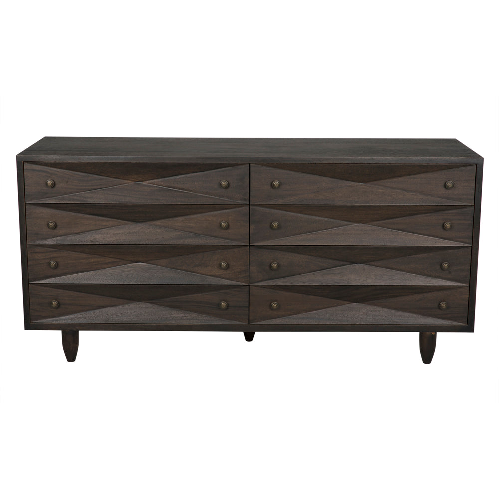 The Diamond Double Chest in Ebony Walnut is a modern dark wood dresser with eight drawers, diamond-shaped carved fronts, round metal knobs, and short angled legs for an elegant touch.