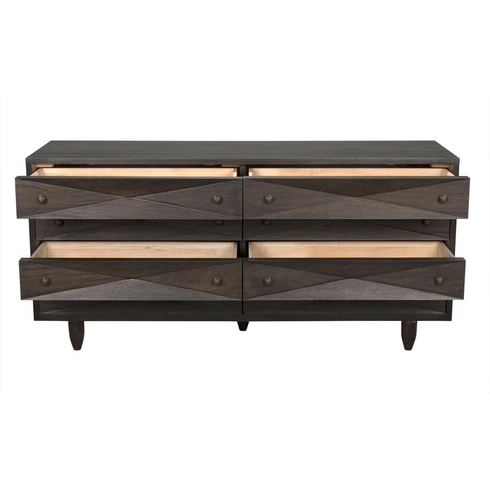 The Diamond Double Chest in Ebony Walnut features four partially open drawers with diamond-shaped carvings, round metal knobs, and short tapered legs, creating a bold geometric accent for any room.