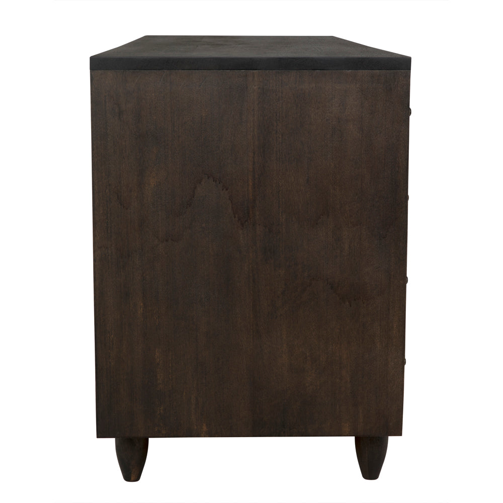 Side view of the Diamond Double Chest in ebony walnut. This dark brown wooden dresser features small, tapered legs and a smooth, flat side without handles or decorative details.