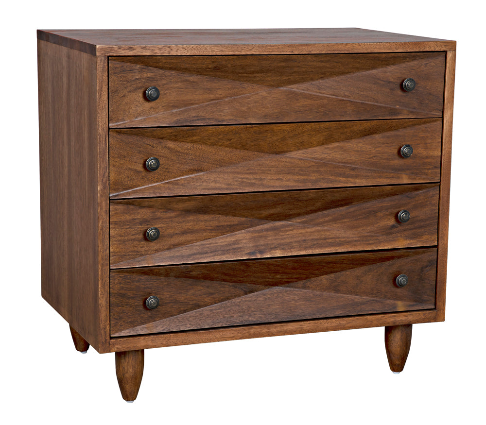 The Diamond Chest, Dark Walnut features four drawers with diamond-shaped carvings and round metal knobs. Its natural finish highlights sleek lines, while tapered legs provide a mid-century modern touch.
