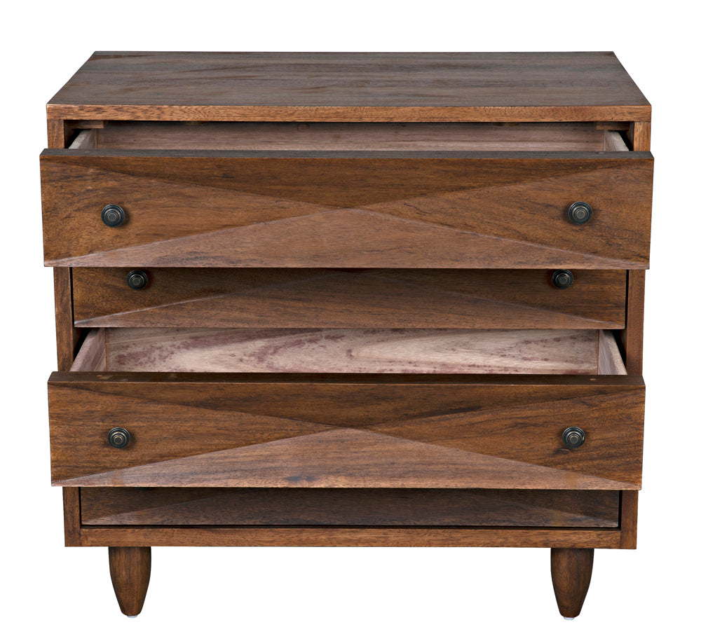 The Diamond Chest, Dark Walnut is a mid-century modern wooden dresser with three partially open drawers, tapered legs, dark round knobs, a warm brown finish, and unique diamond-shaped carvings for added style.