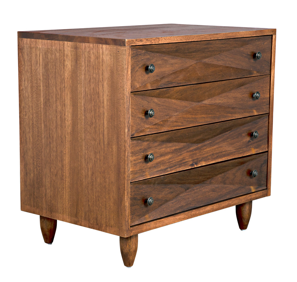 The Diamond Chest, Dark Walnut features four drawers with round metal knobs, a natural finish, clean lines, and tapered legs that highlight its mid-century modern style.