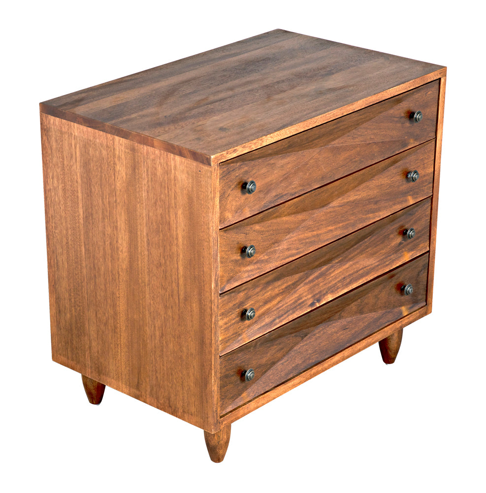 The Diamond Chest in dark walnut features a natural finish, four drawers with simple metal knobs, subtle diamond-shaped carvings, and tapered legs, shown against a white background.