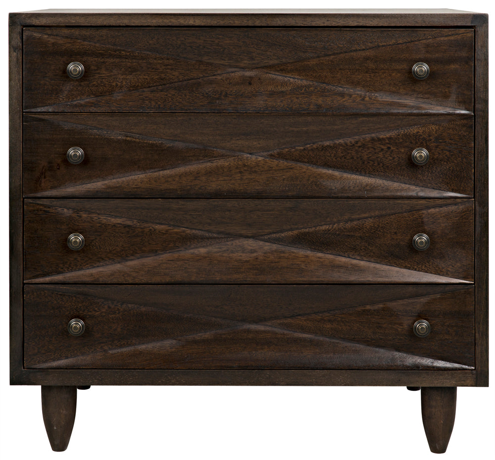 The Diamond Chest, Ebony Walnut, is a dark walnut dresser with an ebony walnut finish, four drawers featuring diamond-shaped carvings, round metal knobs, and stands on four short tapered legs.