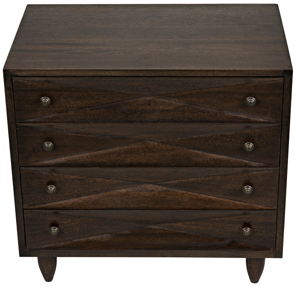 The Diamond Chest in Ebony Walnut features four drawers with diamond carvings and geometric patterns, round metal knobs, an elegant finish, and stands on short tapered legs.