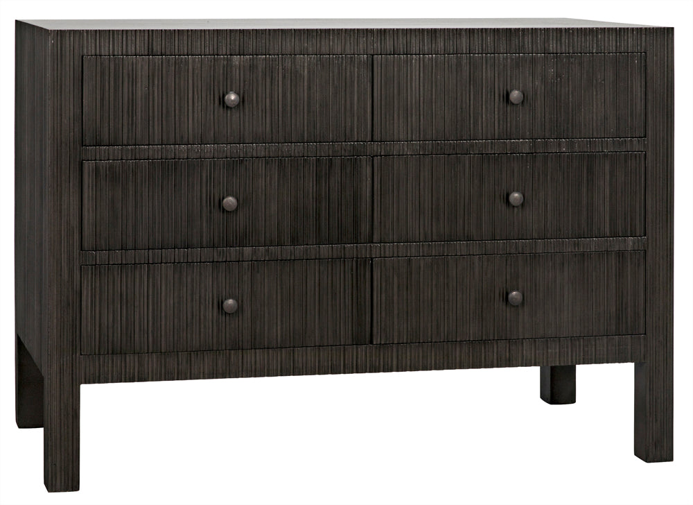 The Conrad 6 Drawer Dresser, Pale, is a handcrafted solid hardwood piece featuring six drawers in two columns and three rows, with round knobs and a simple modern design.