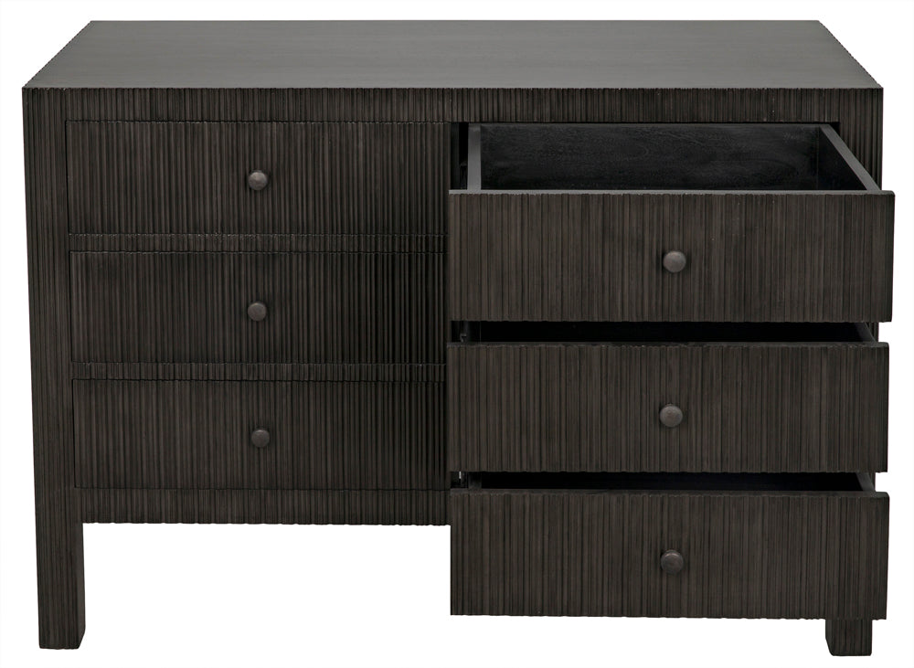The Conrad 6 Drawer Dresser, Pale, is a handcrafted solid hardwood dresser with six drawers in two columns of three and a textured vertical line design. The right column’s middle and bottom drawers are partly open to show the interior.