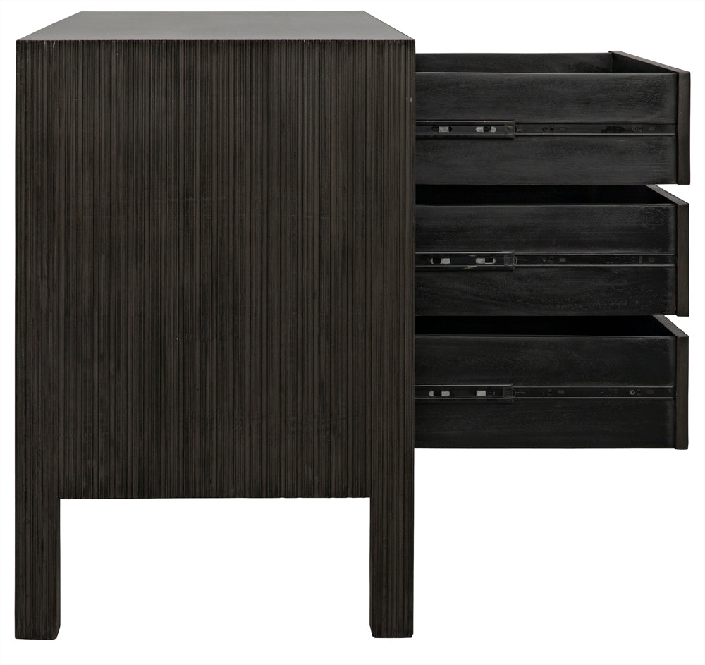 Side view of the Conrad 6 Drawer Dresser in Pale, showing partially open drawers with visible interiors and slides. The surface and sides display a textured vertical line pattern that enhances its elegant look.