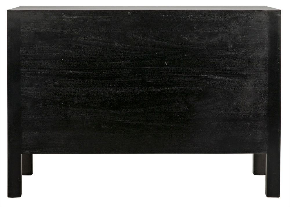 A pale Conrad 6 Drawer Dresser, handcrafted and viewed from the back, features a simple flat surface with visible wood grain and four short legs.