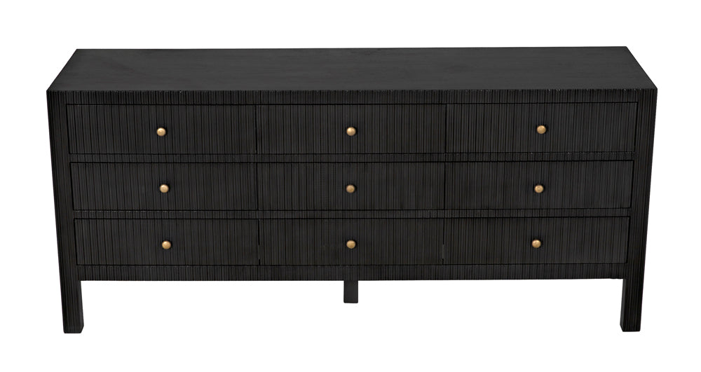 The Conrad 9 Drawer Dresser, Pale is a modern handcrafted mahogany dresser with three rows of drawers, each row featuring three drawers accented by small round gold knobs.