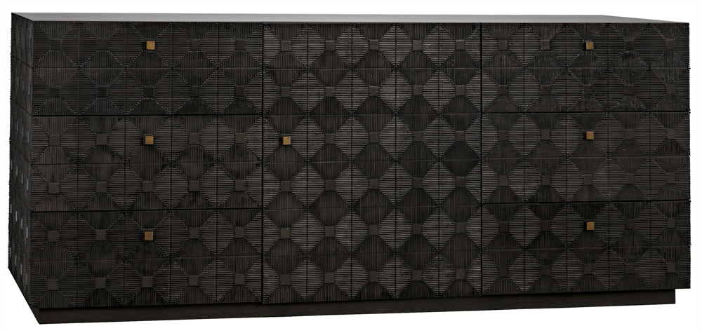 The Leon Dresser, Pale, is a modern mahogany piece with decorative geometric front patterns and small square brass handles, featuring spacious drawers for ample storage.