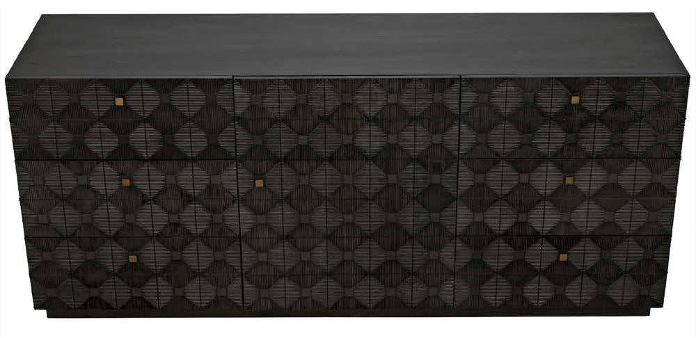 The Leon Dresser, Pale is a modern rectangular dresser with a textured diamond pattern on the front and small square gold handles on each spacious drawer.