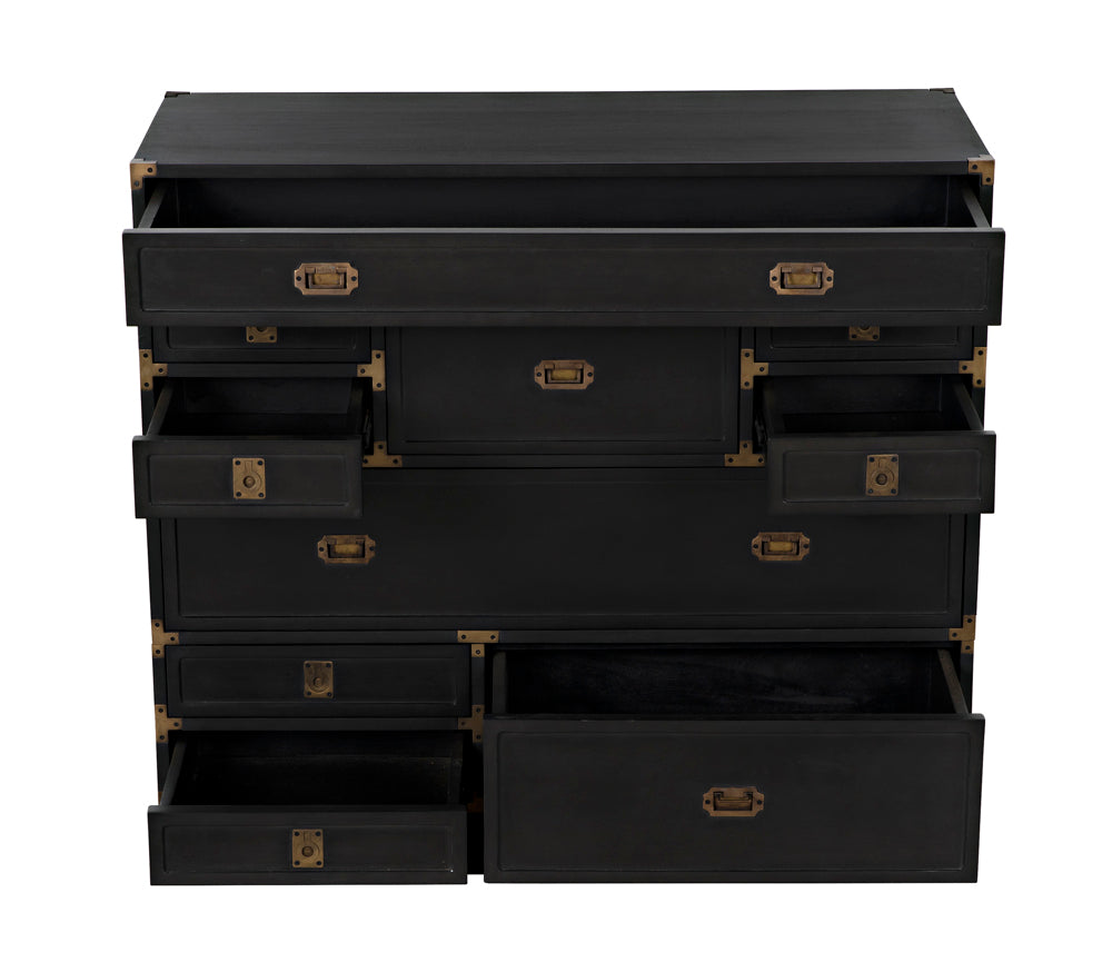 The Charles Chest, Pale is a hardwood chest of drawers with brass handles, featuring several drawers in varied sizes, some partially or fully open to reveal the spacious compartments.
