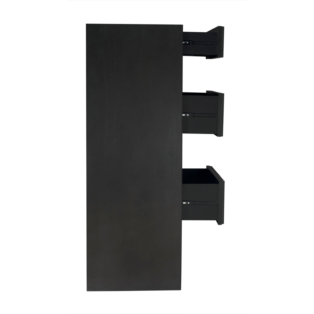 The Izzy Tallboy, Pale, is shown from the side with three drawers partially open, all facing right against a white background.