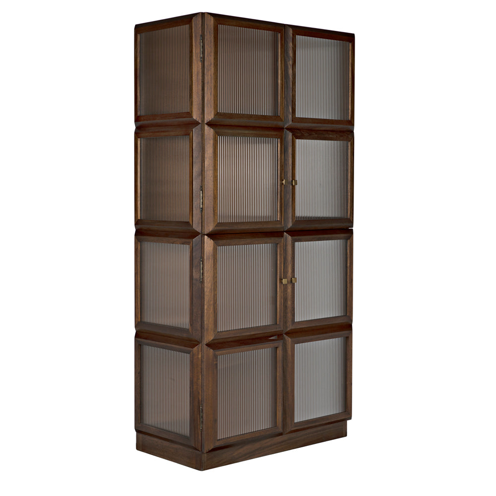 The Collins Hutch, Dark Walnut, is a tall rectangular piece featuring nine vertically lined glass-paneled doors in a 3x3 grid. Each door has a small round knob, adding elegance to this stylish storage solution.
