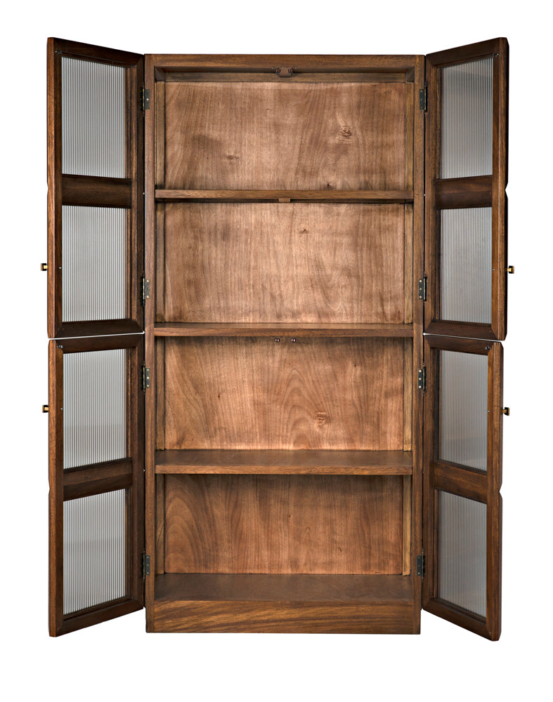 The Collins Hutch, Dark Walnut stands open with ribbed glass doors, revealing five empty shelves. Its rich walnut finish highlights vertical glass elements, and the doors and frame are elegantly crafted from wood.