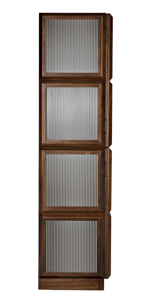 The Collins Hutch in Dark Walnut is a tall room divider with four rectangular panels, each featuring ribbed translucent glass and a sophisticated dark brown wood frame.