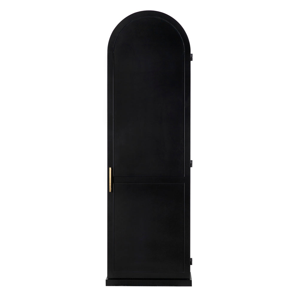 The New Tyrol Hutch, Left features a tall, matte black finish with a single left-side door and brass handle. Its minimalistic design makes it the perfect modern storage cabinet for sleek interiors, shown here against a white background.