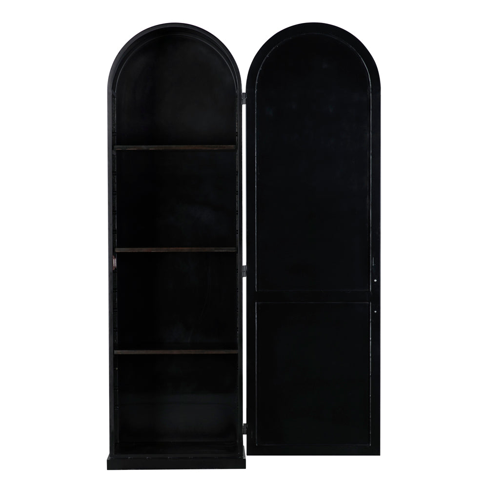 The New Tyrol Hutch, Left is a matte black piece with four shelves. Shown with one door open, it reveals an all-black interior and shelving. The hutch is photographed against a white background.