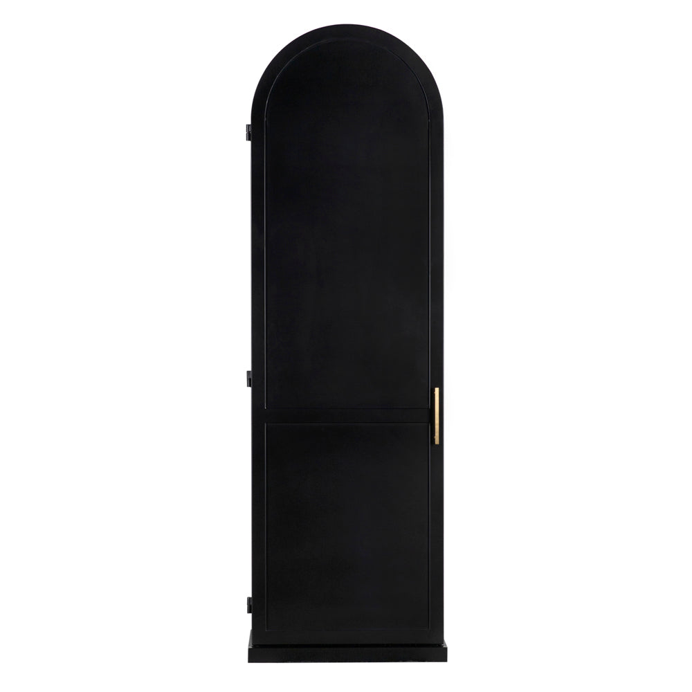 The New Tyrol Hutch, Right is a tall, matte black cabinet with a rounded top and a single gold handle on the right. Featuring a minimalist look and rectangular base, it blends sleek style with modern design.