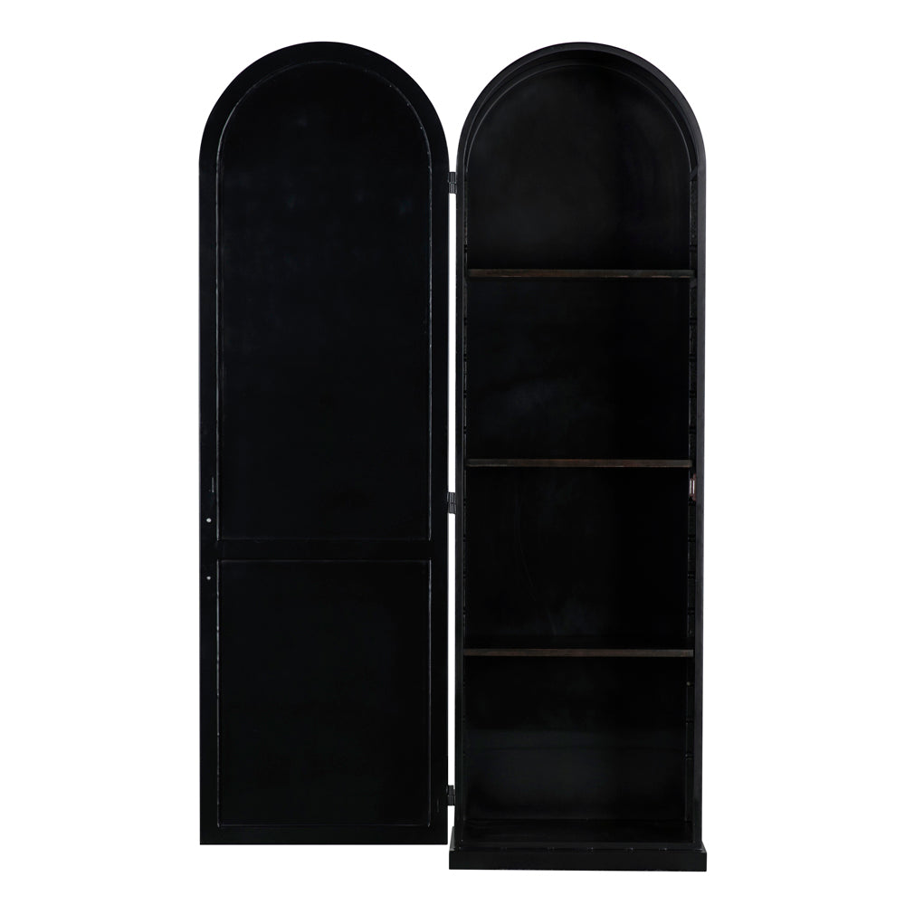 The New Tyrol Hutch, Right features a tall, matte black design with one door open to reveal three interior shelves and an empty compartment. This cabinet offers sleek, minimalist style with smooth open shelving and a refined finish.